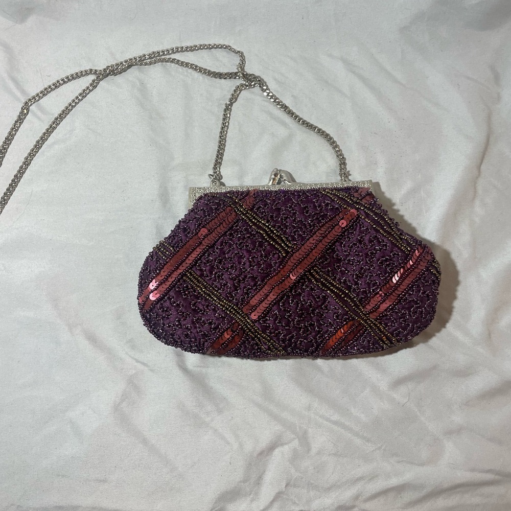 K C Malhan Beaded Sequin Clutch Purse Snap Closure Purple with silver hardware